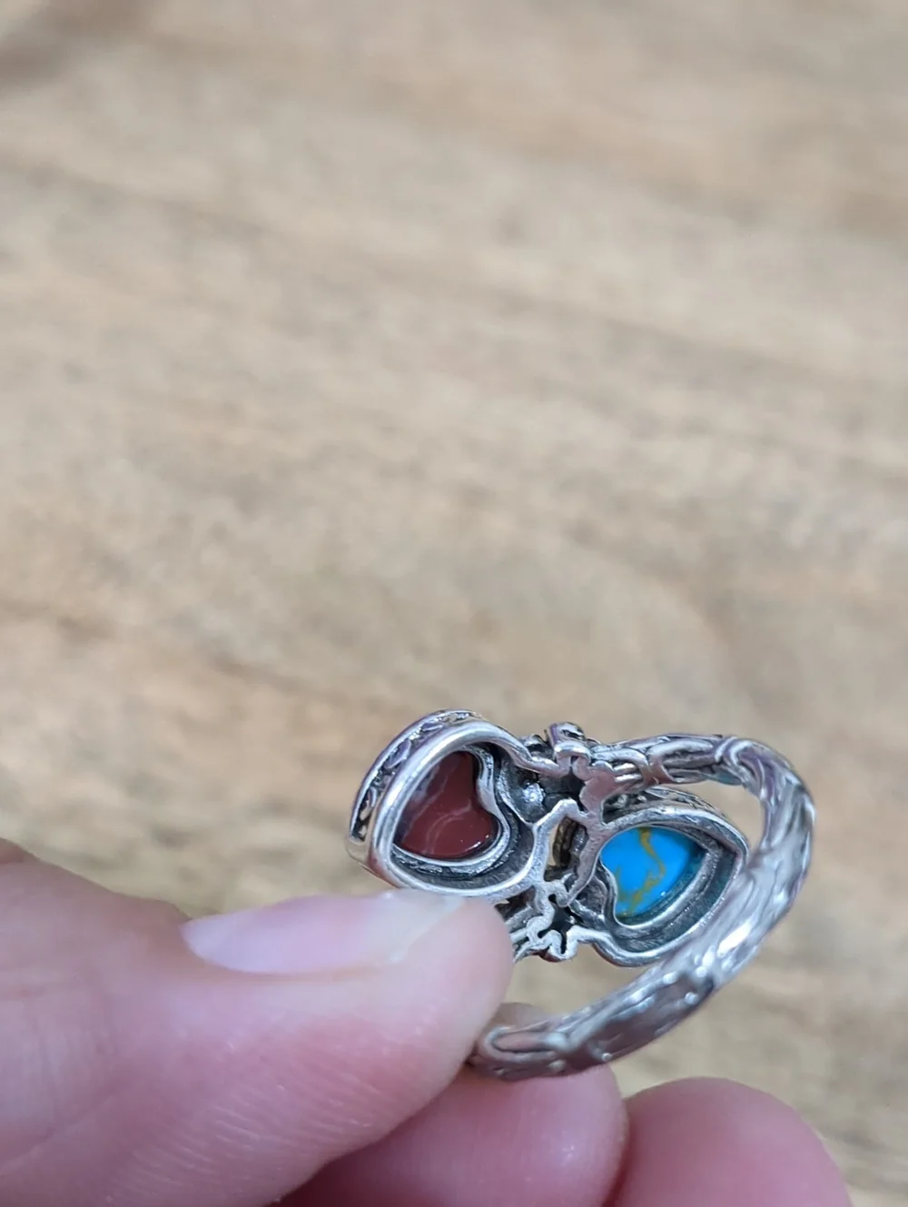 Silver Plated Heart Stone Double Ring - Turquoise Blue & Red Jasper